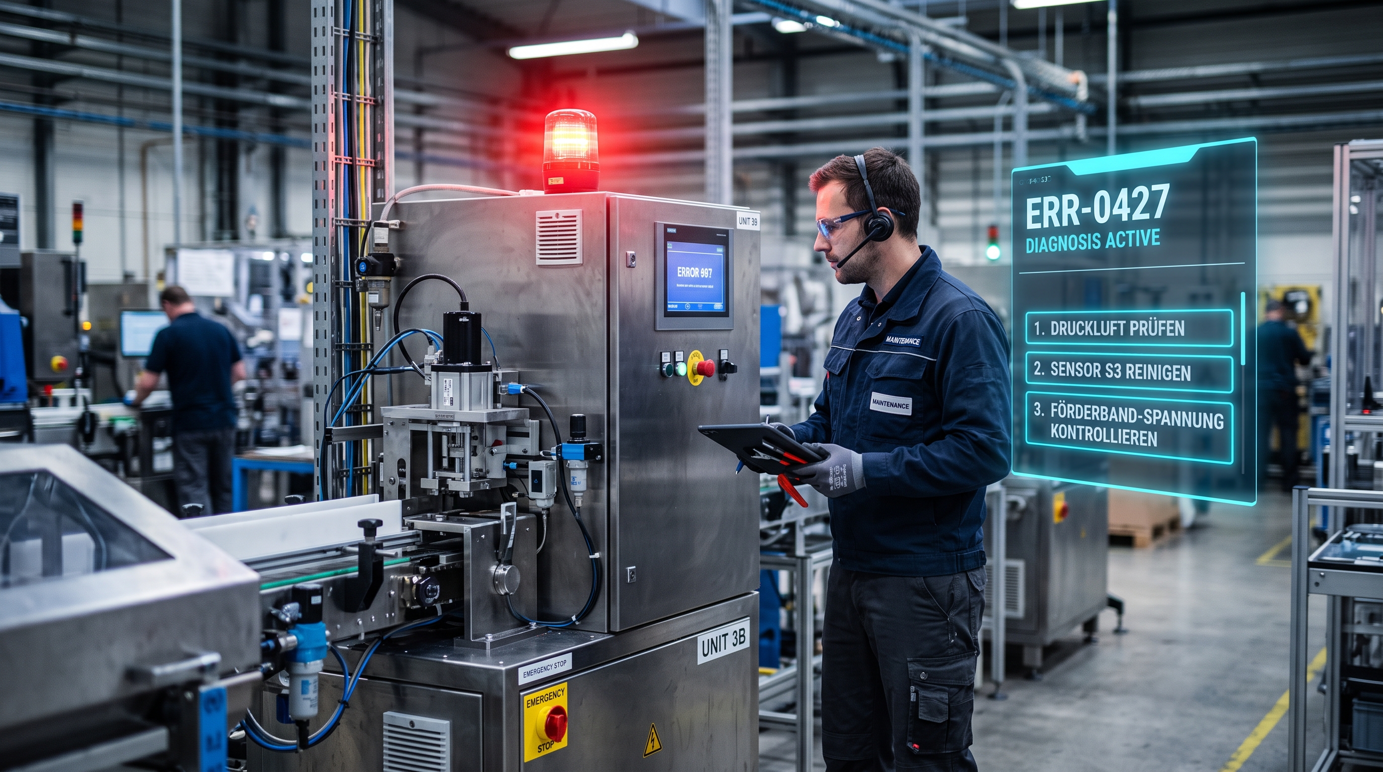 So sieht der Nutzen im Servicefall aus: Der Agent macht aus dem kryptischen Fehlercode an der Maschine im Klartext lesbare Prüfschritte – Schritt für Schritt.